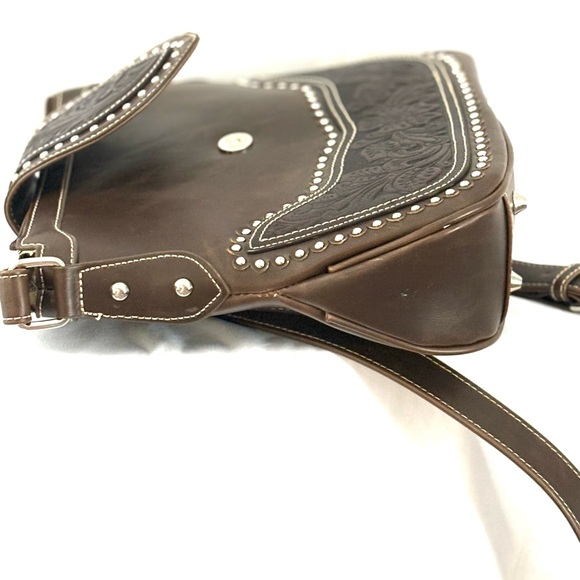 Montana West Western Style Tooled Leather And Studded Crossbody - Picture 12 of 15